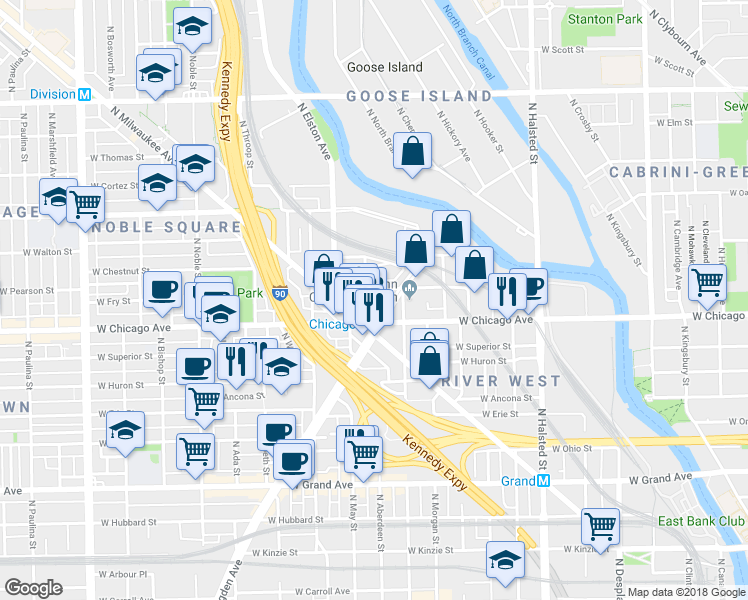 map of restaurants, bars, coffee shops, grocery stores, and more near in Chicago