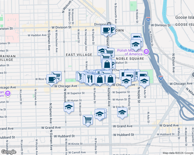 map of restaurants, bars, coffee shops, grocery stores, and more near in Chicago