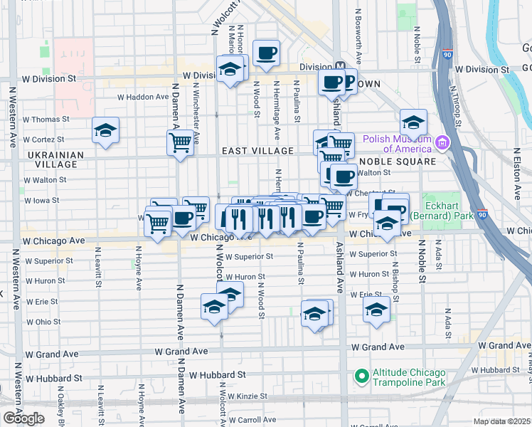 map of restaurants, bars, coffee shops, grocery stores, and more near 817 North Wood Street in Chicago