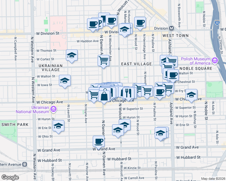 map of restaurants, bars, coffee shops, grocery stores, and more near 820 North Wolcott Avenue in Chicago
