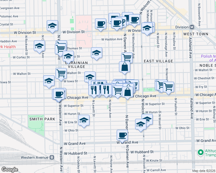 map of restaurants, bars, coffee shops, grocery stores, and more near in Chicago
