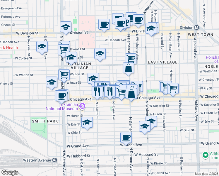 map of restaurants, bars, coffee shops, grocery stores, and more near in Chicago