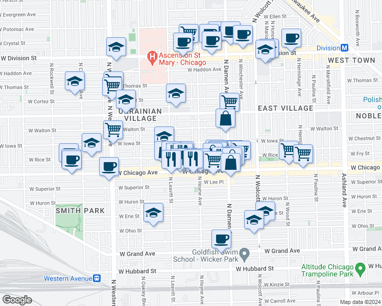 map of restaurants, bars, coffee shops, grocery stores, and more near in Chicago