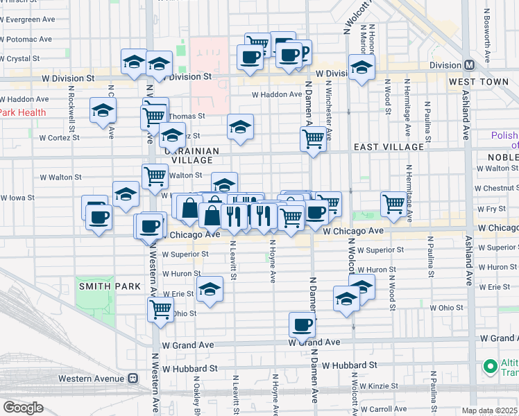 map of restaurants, bars, coffee shops, grocery stores, and more near 2139 West Rice Street in Chicago