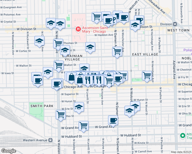 map of restaurants, bars, coffee shops, grocery stores, and more near 2139 West Rice Street in Chicago