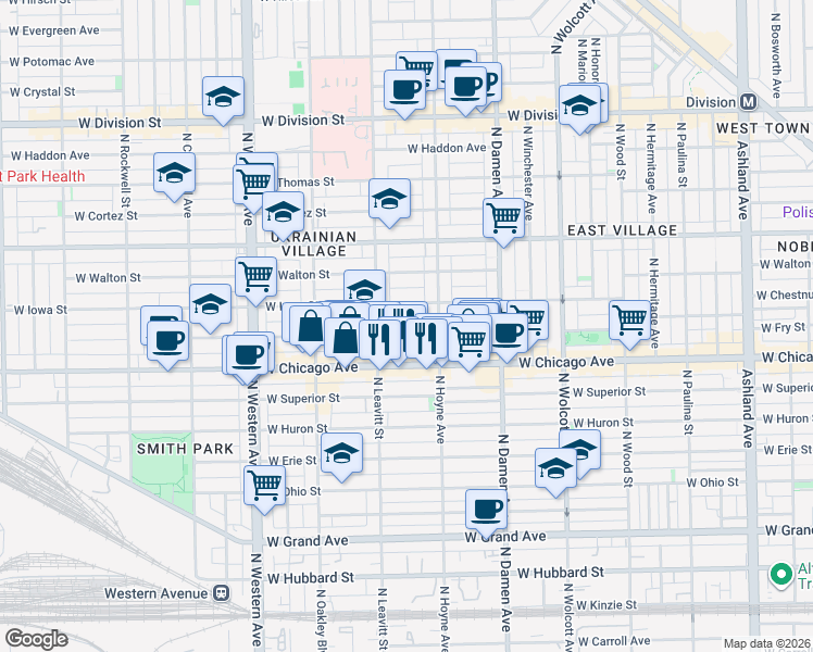 map of restaurants, bars, coffee shops, grocery stores, and more near 2139 West Rice Street in Chicago