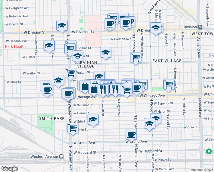 map of restaurants, bars, coffee shops, grocery stores, and more near 2139 West Rice Street in Chicago