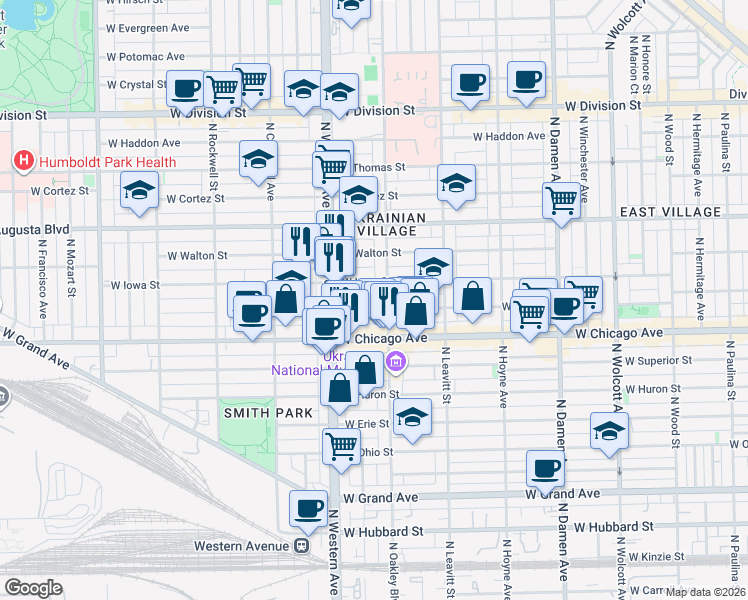 map of restaurants, bars, coffee shops, grocery stores, and more near 2327 West Rice Street in Chicago