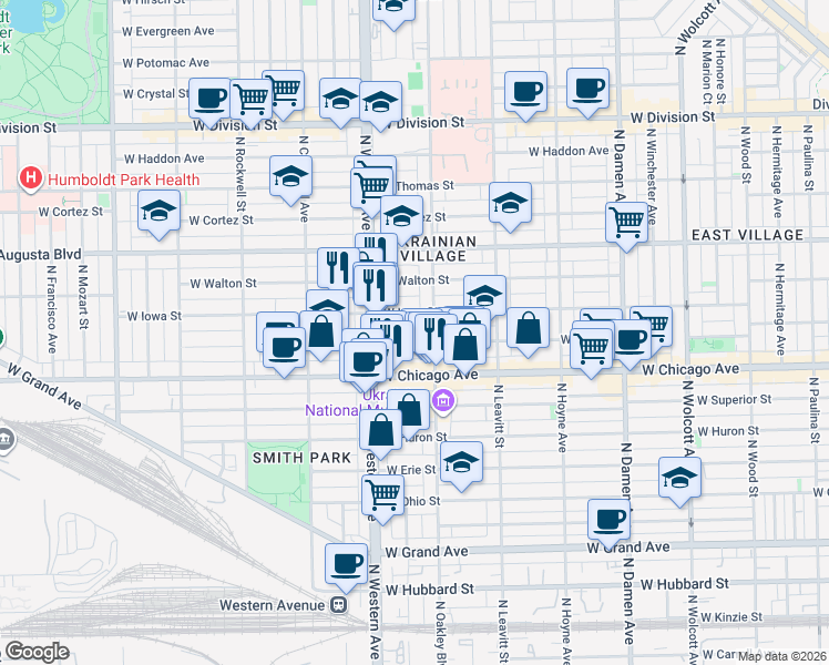 map of restaurants, bars, coffee shops, grocery stores, and more near 2327 West Rice Street in Chicago
