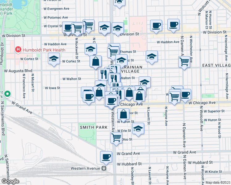 map of restaurants, bars, coffee shops, grocery stores, and more near 826 North Western Avenue in Chicago