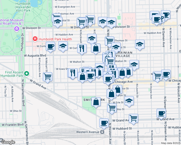 map of restaurants, bars, coffee shops, grocery stores, and more near 825 North Maplewood Avenue in Chicago