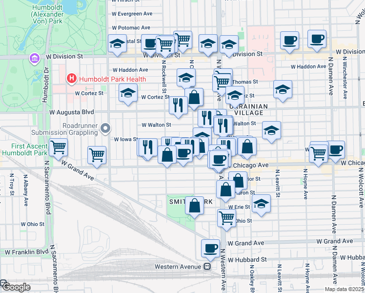 map of restaurants, bars, coffee shops, grocery stores, and more near 825 North Maplewood Avenue in Chicago
