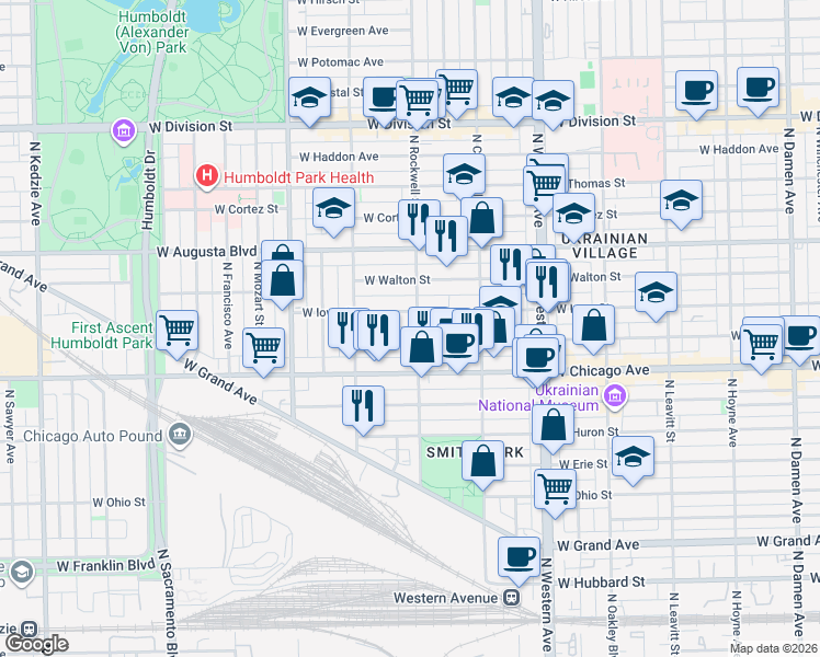 map of restaurants, bars, coffee shops, grocery stores, and more near 825 North Rockwell Street in Chicago