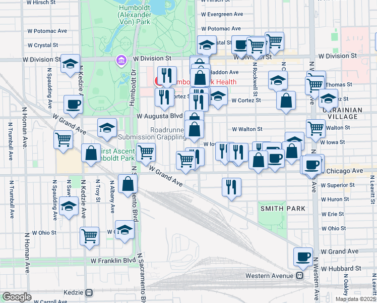 map of restaurants, bars, coffee shops, grocery stores, and more near 827 North Mozart Street in Chicago