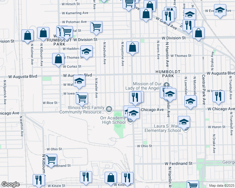 map of restaurants, bars, coffee shops, grocery stores, and more near 834 North Keystone Avenue in Chicago