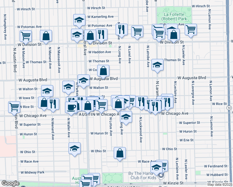 map of restaurants, bars, coffee shops, grocery stores, and more near 5433 West Iowa Street in Chicago
