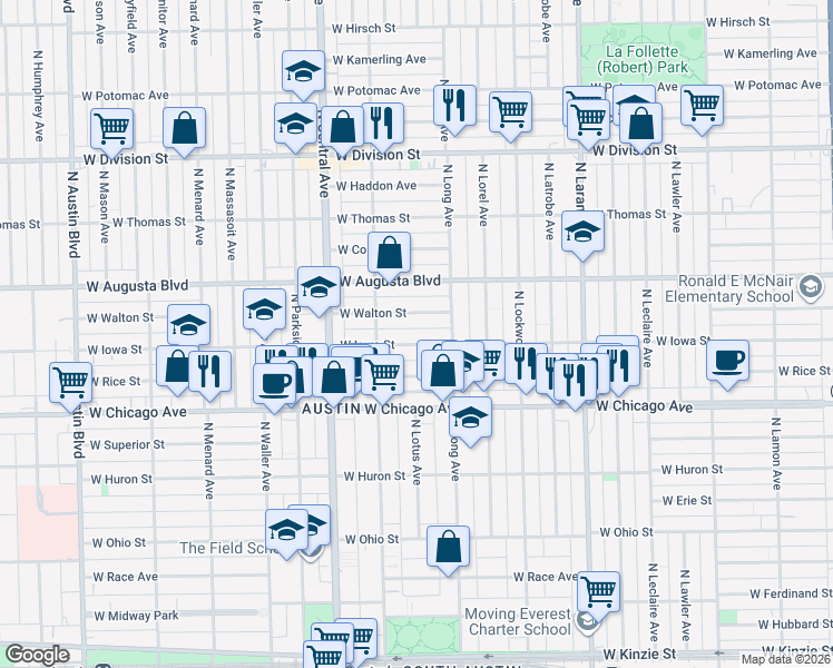 map of restaurants, bars, coffee shops, grocery stores, and more near 5433 West Iowa Street in Chicago