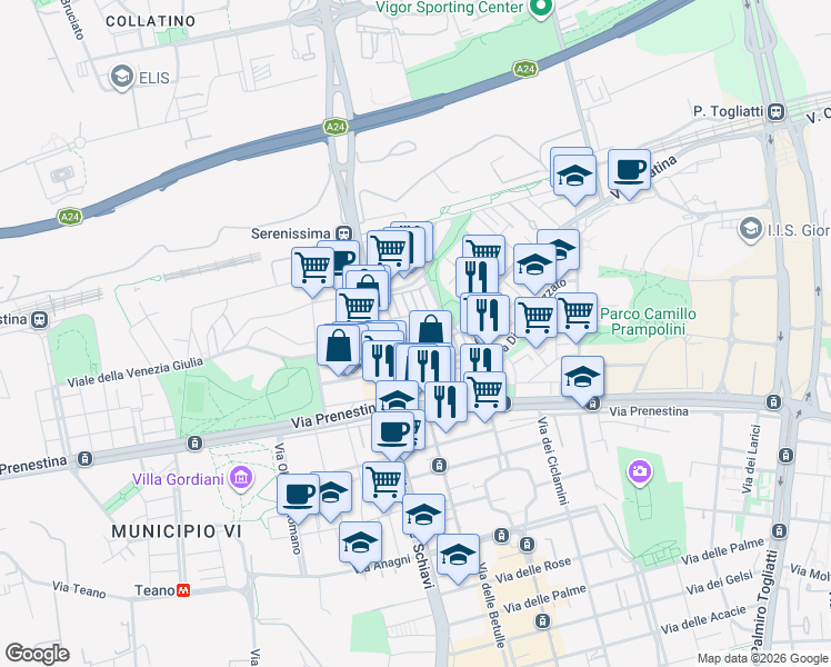 map of restaurants, bars, coffee shops, grocery stores, and more near 140-172 Viale della Venezia Giulia in Rome