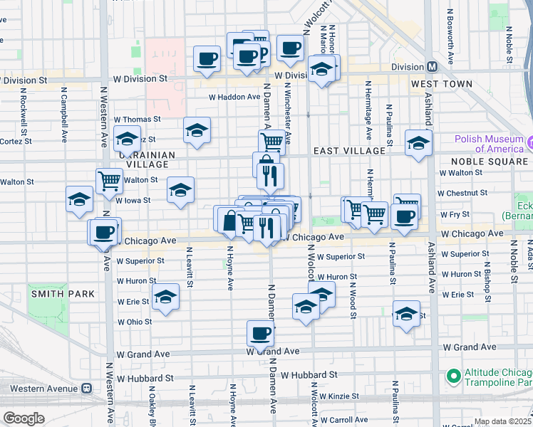 map of restaurants, bars, coffee shops, grocery stores, and more near 836 North Damen Avenue in Chicago