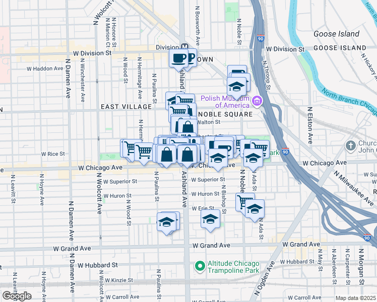 map of restaurants, bars, coffee shops, grocery stores, and more near 814 North Ashland Avenue in Chicago
