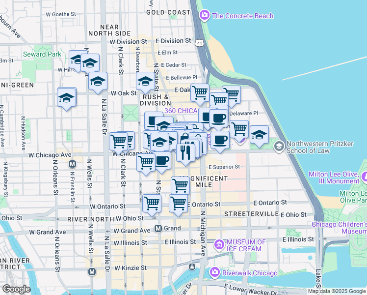 map of restaurants, bars, coffee shops, grocery stores, and more near 806 North Rush Street in Chicago