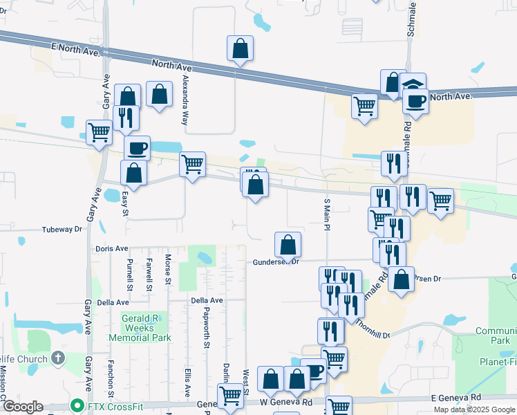 map of restaurants, bars, coffee shops, grocery stores, and more near 275 Commonwealth Drive in Carol Stream