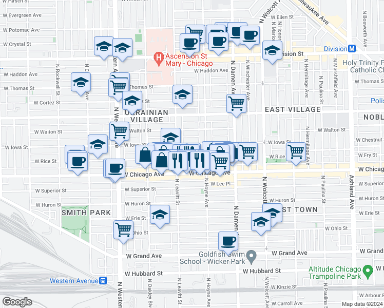 map of restaurants, bars, coffee shops, grocery stores, and more near 2128 West Rice Street in Chicago