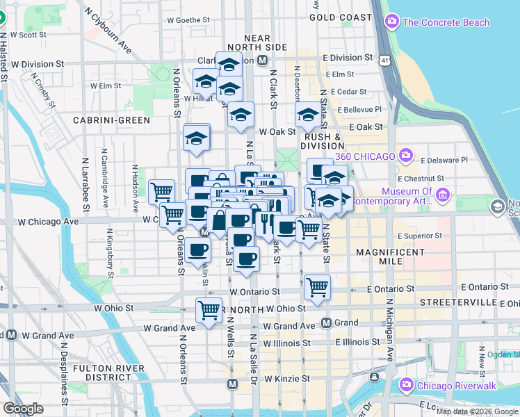 map of restaurants, bars, coffee shops, grocery stores, and more near 805 North La Salle Drive in Chicago