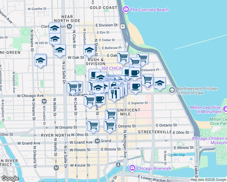 map of restaurants, bars, coffee shops, grocery stores, and more near in Chicago
