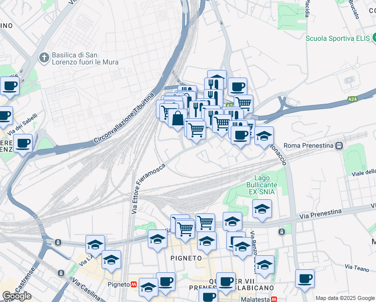 map of restaurants, bars, coffee shops, grocery stores, and more near 62 Via di Casal Bertone in Roma