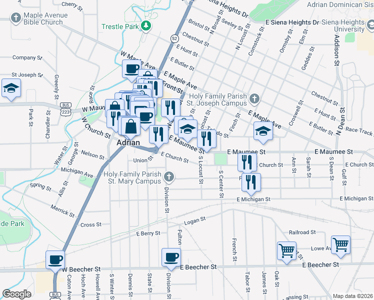 map of restaurants, bars, coffee shops, grocery stores, and more near 371 East Church Street in Adrian
