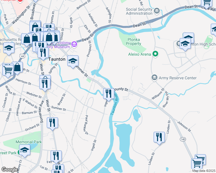 map of restaurants, bars, coffee shops, grocery stores, and more near 4 County Road in Taunton