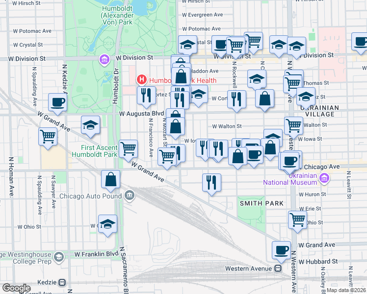 map of restaurants, bars, coffee shops, grocery stores, and more near 843 North California Avenue in Chicago