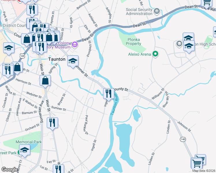 map of restaurants, bars, coffee shops, grocery stores, and more near 4 Ingell Street in Taunton