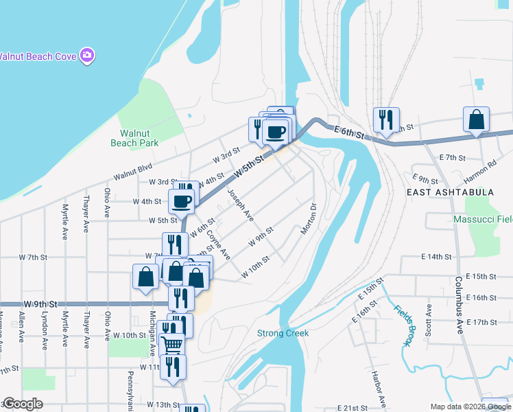 map of restaurants, bars, coffee shops, grocery stores, and more near 1330 West 8th Street in Ashtabula