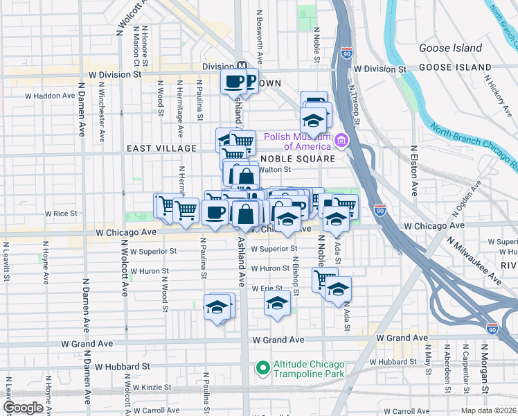 map of restaurants, bars, coffee shops, grocery stores, and more near 1522 West Chicago Avenue in Chicago