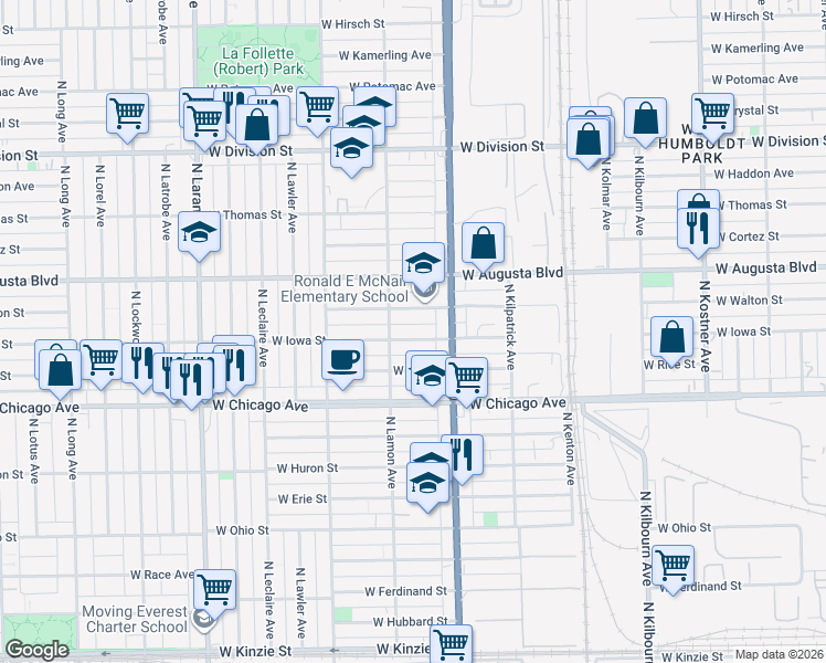 map of restaurants, bars, coffee shops, grocery stores, and more near 4827 West Iowa Street in Chicago