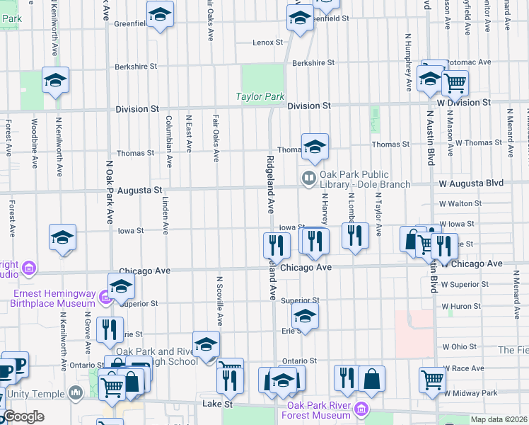 map of restaurants, bars, coffee shops, grocery stores, and more near 424 Iowa Street in Oak Park