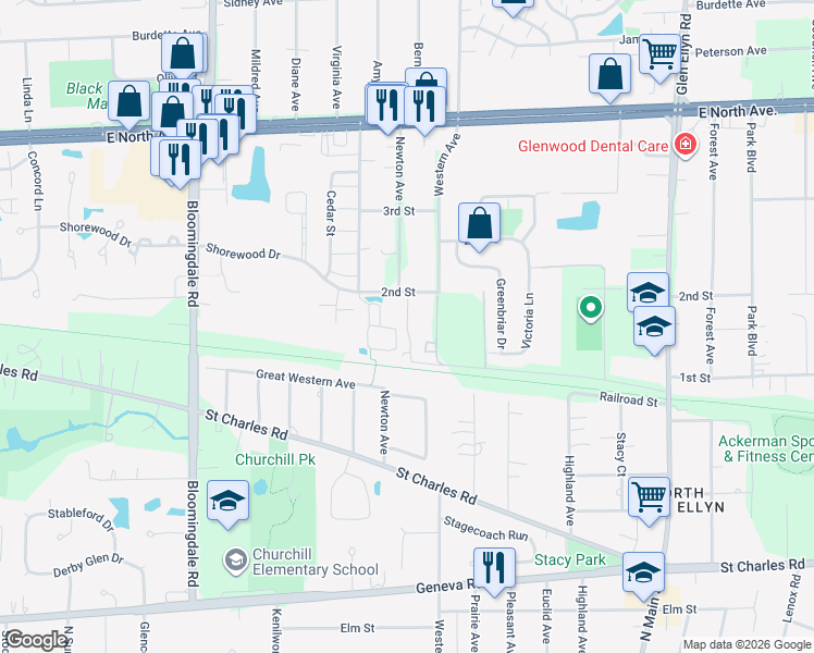 map of restaurants, bars, coffee shops, grocery stores, and more near 23W050 Poss Street in Glen Ellyn