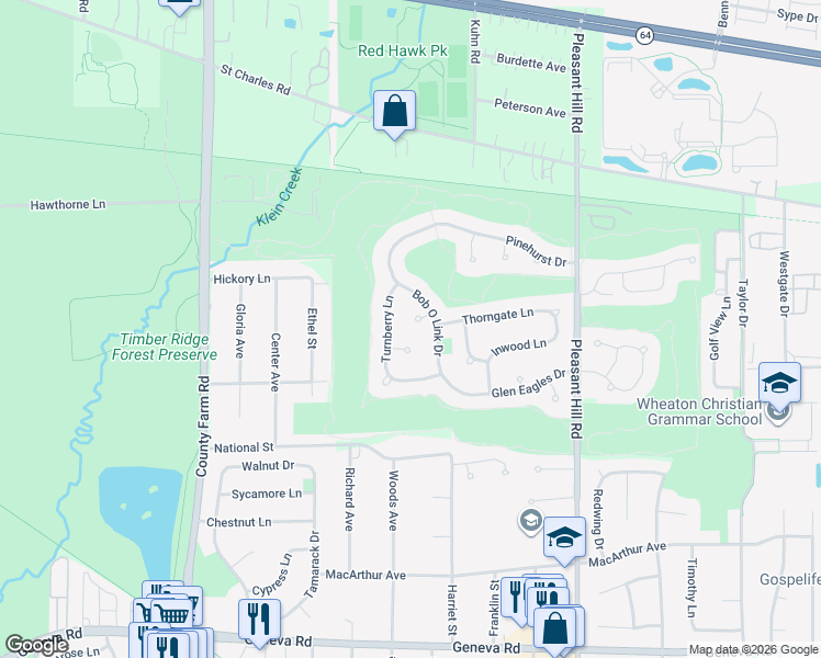 map of restaurants, bars, coffee shops, grocery stores, and more near 1N559 Turnberry Lane in Winfield