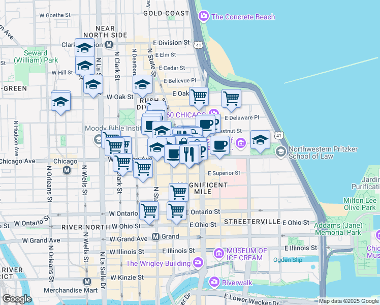 map of restaurants, bars, coffee shops, grocery stores, and more near 101 East Chicago Avenue in Chicago