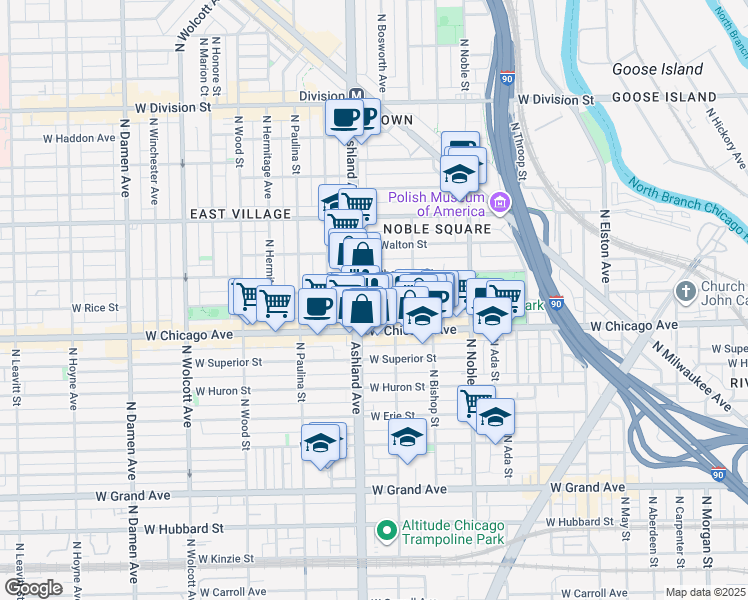 map of restaurants, bars, coffee shops, grocery stores, and more near 1542 West Fry Street in Chicago