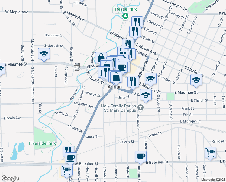 map of restaurants, bars, coffee shops, grocery stores, and more near 100 East Church Street in Adrian