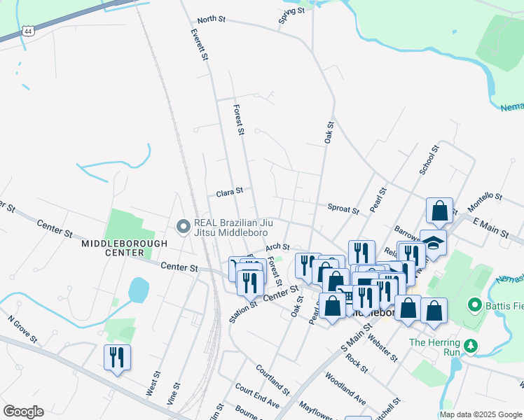 map of restaurants, bars, coffee shops, grocery stores, and more near 30 Forest Street in Middleborough