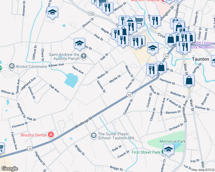 map of restaurants, bars, coffee shops, grocery stores, and more near 22 Vernon Street in Taunton