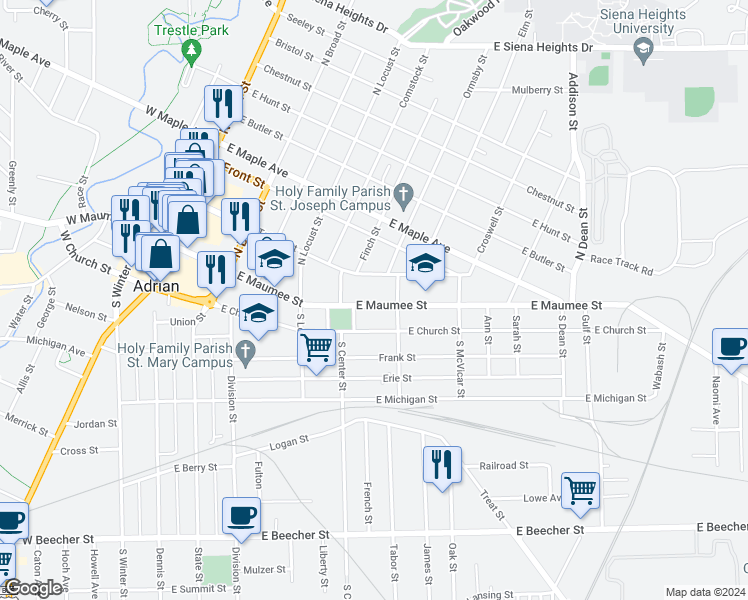 map of restaurants, bars, coffee shops, grocery stores, and more near 109 Park Place East in Adrian