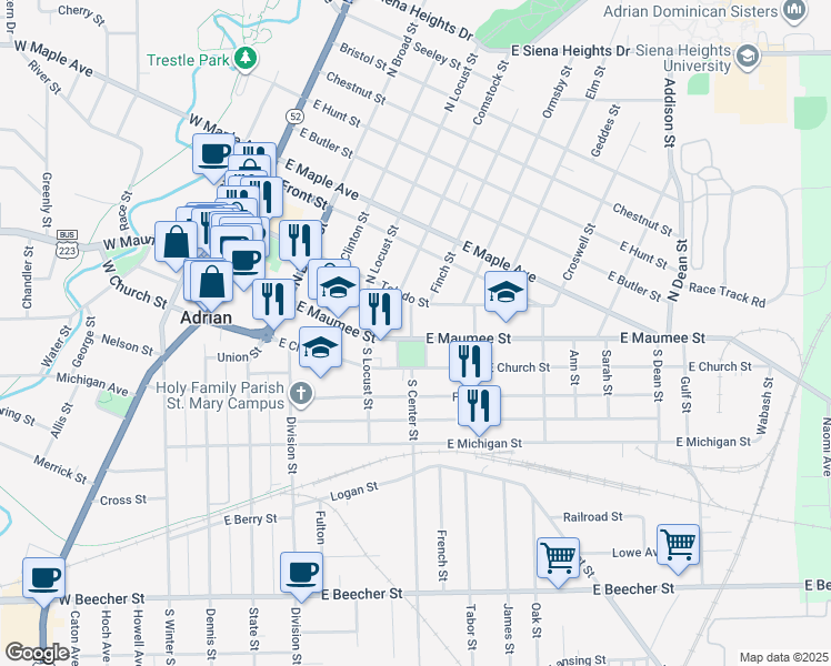 map of restaurants, bars, coffee shops, grocery stores, and more near 109 Park Place East in Adrian