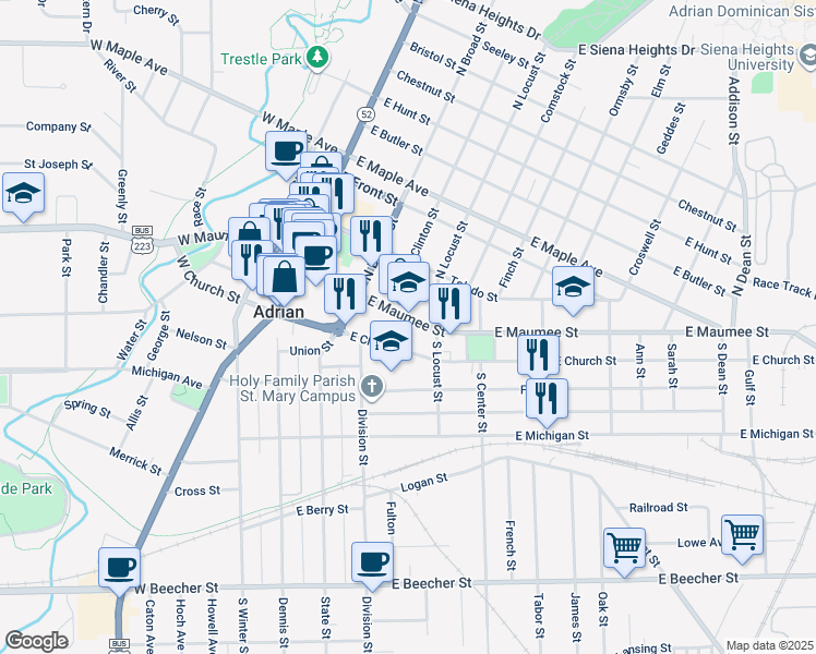 map of restaurants, bars, coffee shops, grocery stores, and more near 371 East Church Street in Adrian