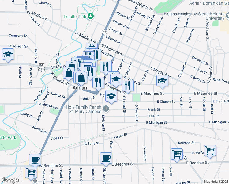 map of restaurants, bars, coffee shops, grocery stores, and more near 327 East Church Street in Adrian