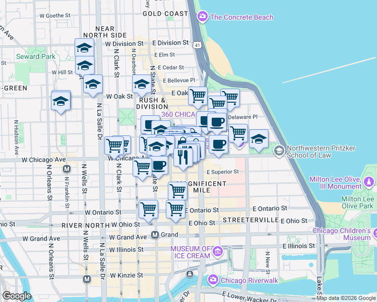 map of restaurants, bars, coffee shops, grocery stores, and more near 800 North Michigan Avenue in Chicago